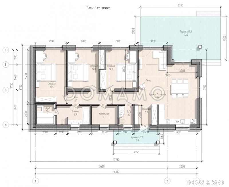 Проект дома с 3 спальнями, сауной и печью в кухне-гостиной / План 1 этажа