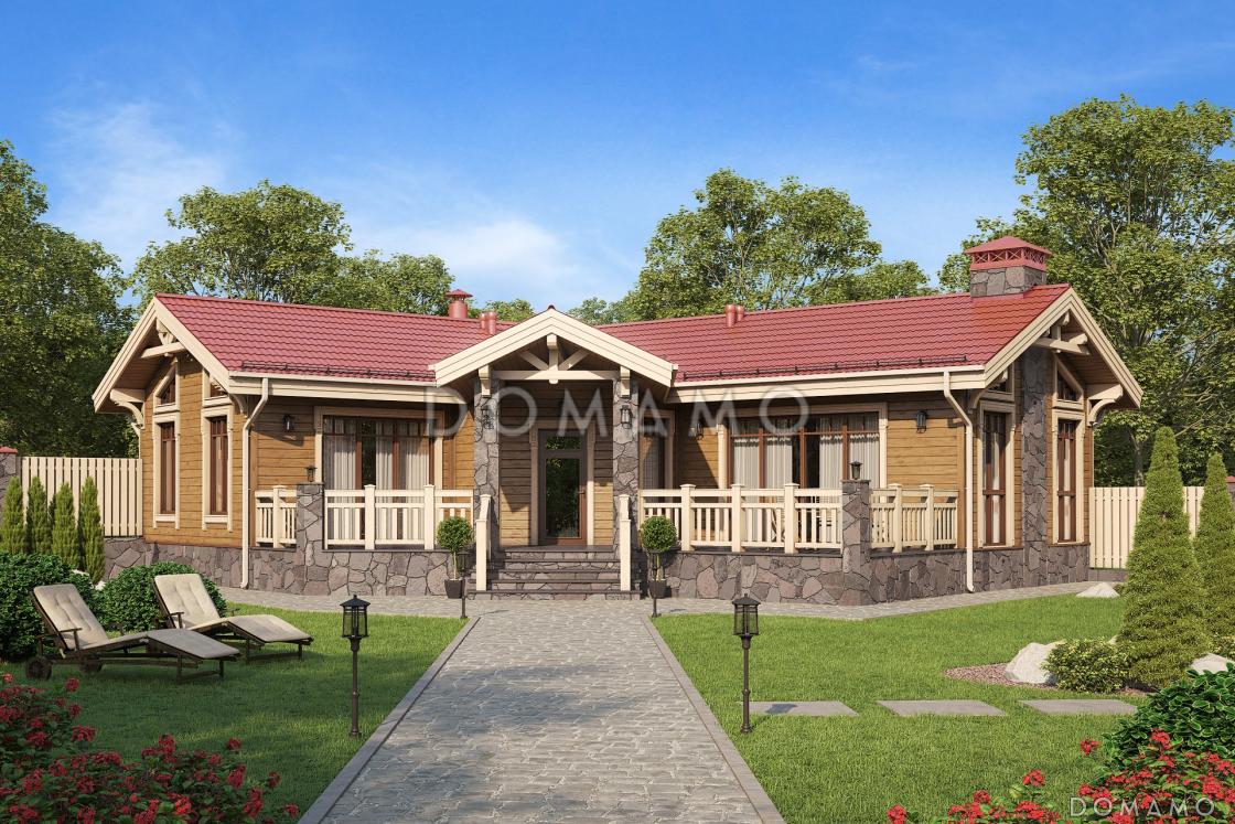 Проект бани с большой террасой, зоной барбекю и гостиной / 1