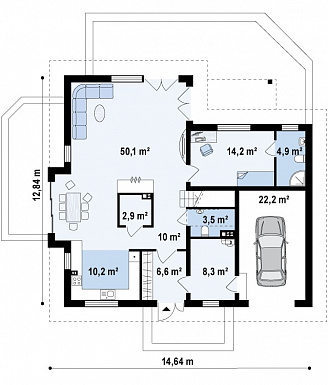 Проект просторного одноэтажного мансардного коттеджа из кирпича с гостевой спальней на первом этаже, кабинетом и гаражом / План 1 этажа