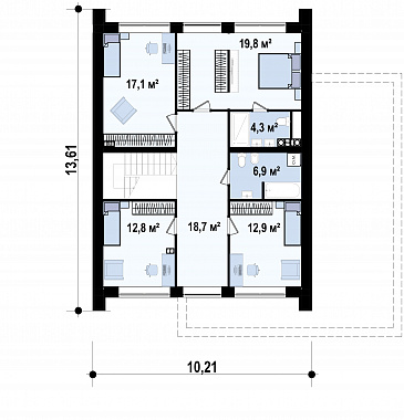 Проект загородного дома с панорамным остеклением, кабинетом, просторной гостиной, гаражом на 2 машины / План мансардного этажа Проект загородного дома с панорамным остеклением, кабинетом, просторной гостиной, гаражом на 2 машины / План мансардного этажа