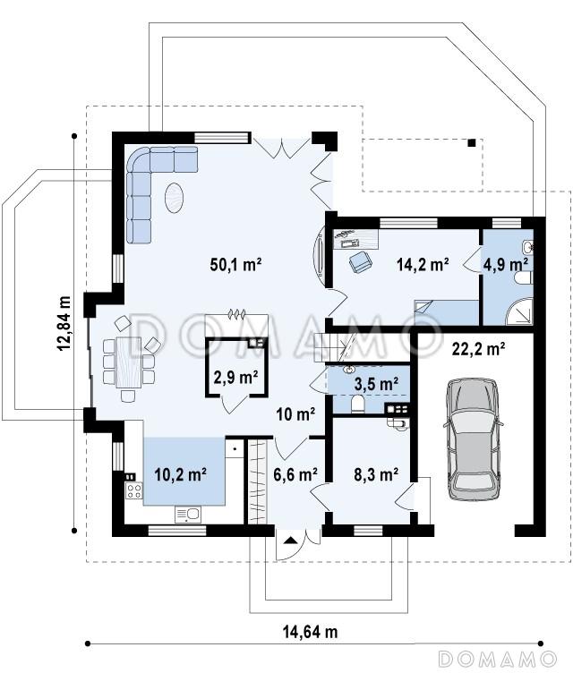 Проект просторного одноэтажного мансардного коттеджа из кирпича с гостевой спальней на первом этаже, кабинетом и гаражом / План 1 этажа