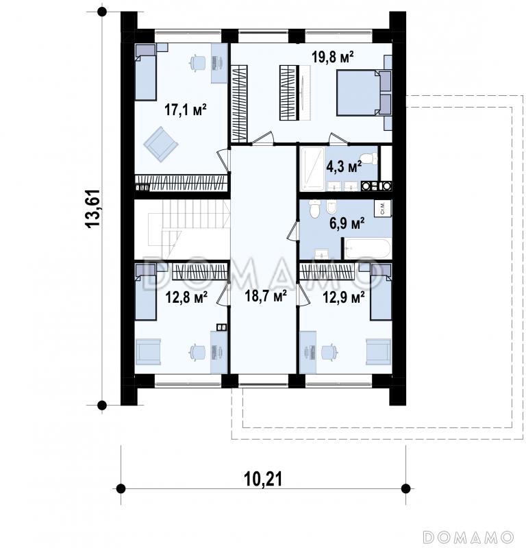 Проект загородного дома с панорамным остеклением, кабинетом, просторной гостиной, гаражом на 2 машины / План мансардного этажа