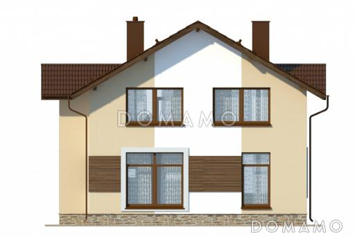 Проект коттеджа с пятью спальнями, коричневой крышей и белыми оштукатуренными стенами / Фасад 2