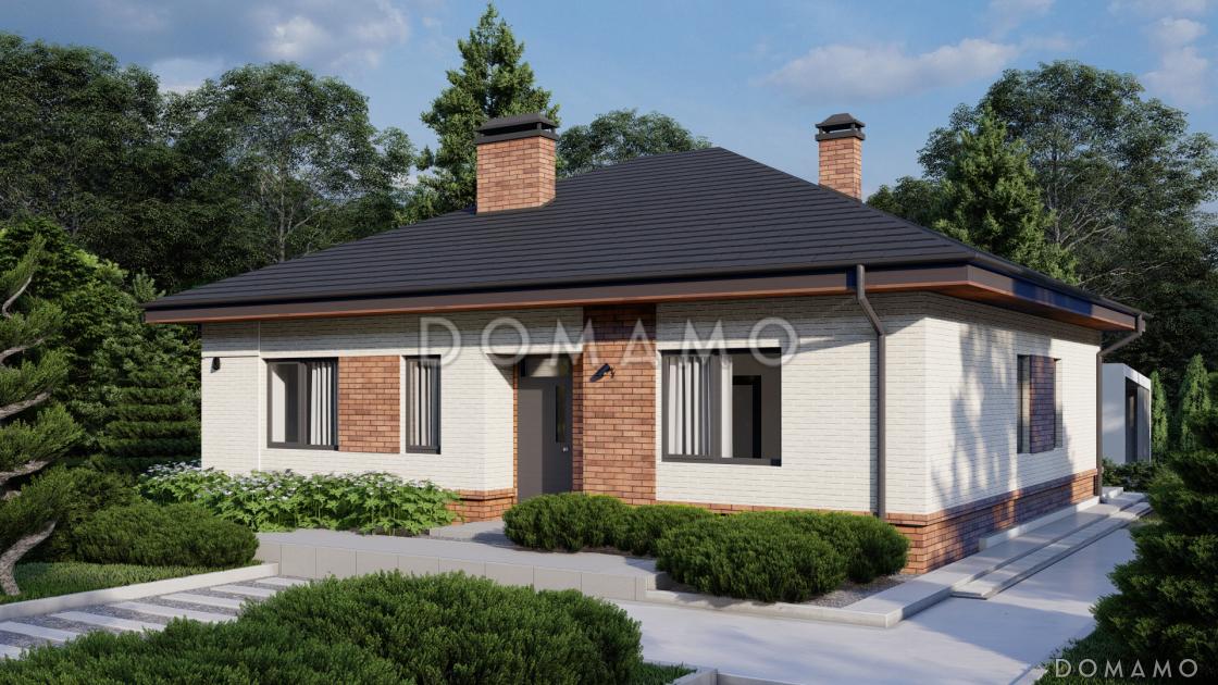 Проект одноэтажного дома с террасой, двумя санузлами, кухней и гостиной без перегородки / 3