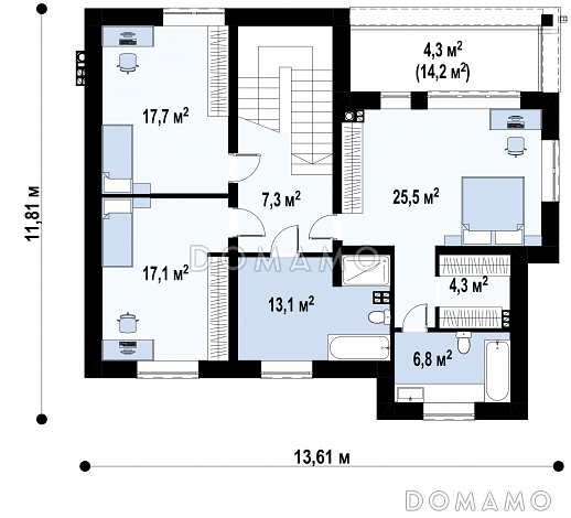 Проект загородного дома с подвалом, гаражом, двумя спальнями на первом этаже, мастер-спальней на втором этаже / План 2 этажа