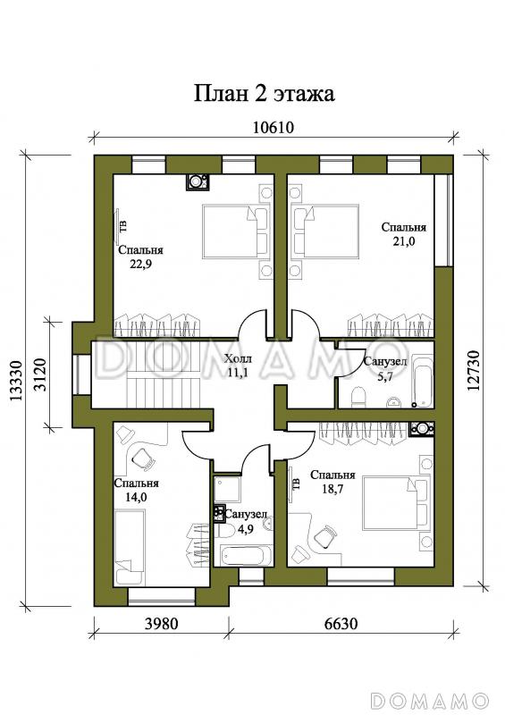 Проект двухэтажного дома с совмещенными гостиной, столовой, холлом и кухней / План 2 этажа