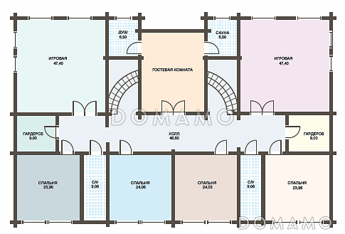 Проект двухэтажного дома из клееного бруса с колоннами и большой верандой / План 2 этажа Проект двухэтажного дома из клееного бруса с колоннами и большой верандой / План 2 этажа