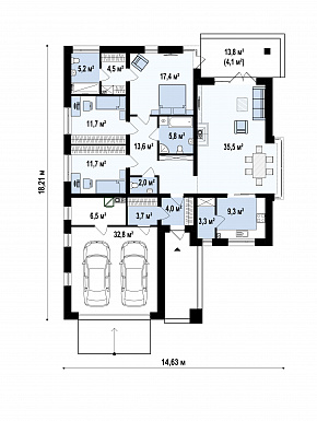 Проект дома с гаражом на 2 машины, кухней с кладовой, мастер-спальней, террасой / План 1 этажа