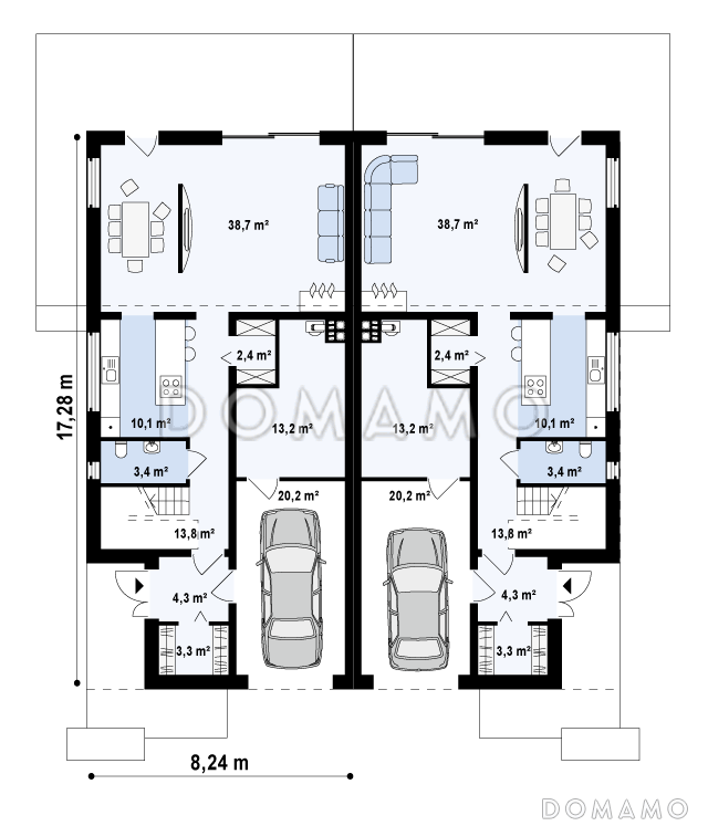 Проект мансардных домов-близнецов из газобетона современного дизайна с гаражом и террасой на втором этаже / План 1 этажа