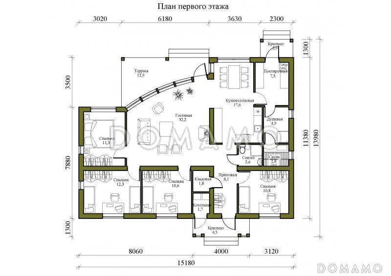 Проект газобетонного дома с двускатной крышей, панорамным округлым остеклением / План 1 этажа