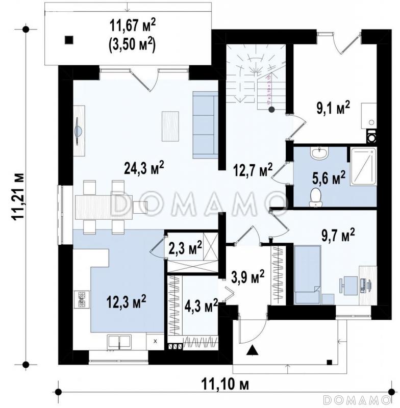 Проект современного двухэтажного дома из газобетона с четырьмя комнатами, большим тех помещением и балконом / План 1 этажа