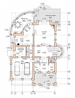 Проект коттеджа в стиле модерн с гаражом, зимним садом и сауной / План 1 этажа Проект коттеджа в стиле модерн с гаражом, зимним садом и сауной / План 1 этажа