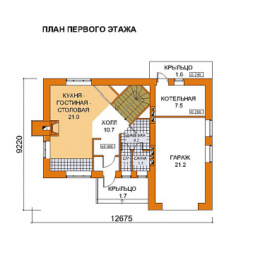 Проект дачного дома из газобетона для небольшой семьи / План 1 этажа Проект дачного дома из газобетона для небольшой семьи / План 1 этажа