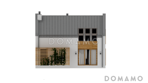 Проект компактного одноэтажного дома из газобетона с ночной зоной на мансардном этаже и открытой террасой вдоль дома / Фасад 4