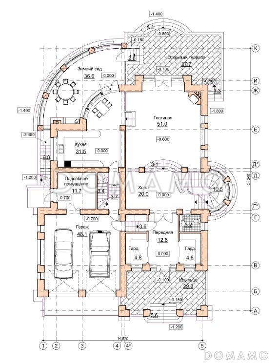 Проект коттеджа в стиле модерн с гаражом, зимним садом и сауной / План 1 этажа