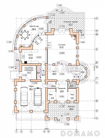 Проект коттеджа в стиле модерн с гаражом, зимним садом и сауной / План 1 этажа Проект коттеджа в стиле модерн с гаражом, зимним садом и сауной / План 1 этажа