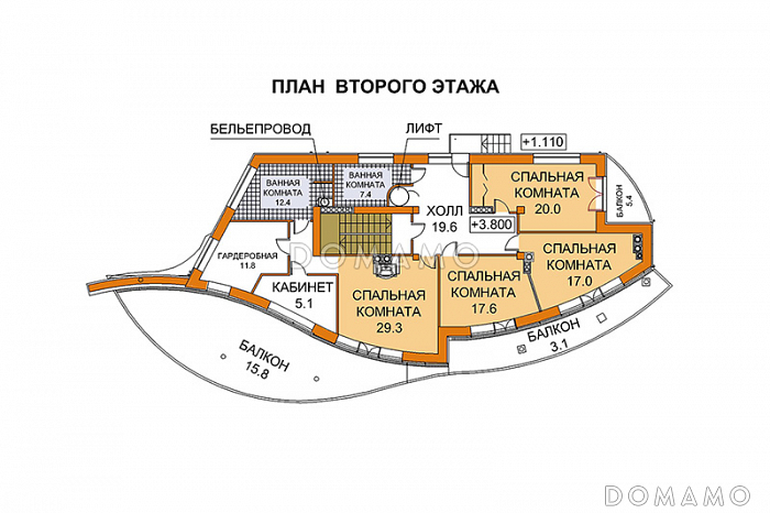 Проект дома современного дома с лифтом / План 2 этажа Проект дома современного дома с лифтом / План 2 этажа