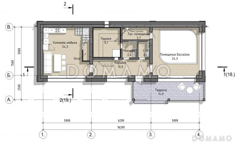 Проект бани с бассейном и двумя комнатами на мансарде / План 1 этажа