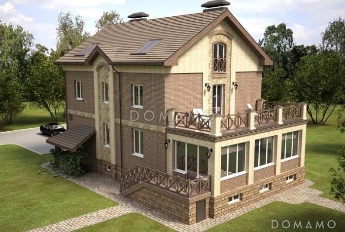 Проект большого кирпичного коттеджа с верандой, сауной и СПА-залом Проект большого кирпичного коттеджа с верандой, сауной и СПА-залом