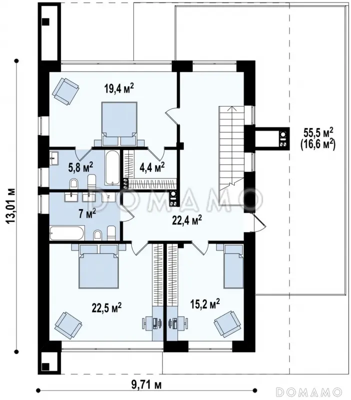 Проект современного двухэтажного дома из газобетона с тремя спальнями, спортзалом и гаражом / План 2 этажа