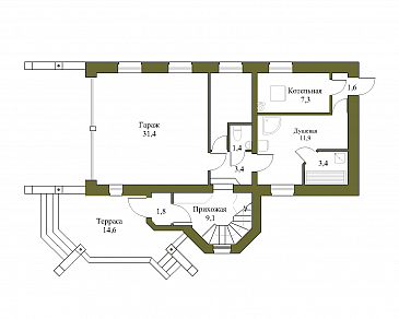 Проект большого коттеджа с башенкой, зимним садом и гаражом / План 1 этажа