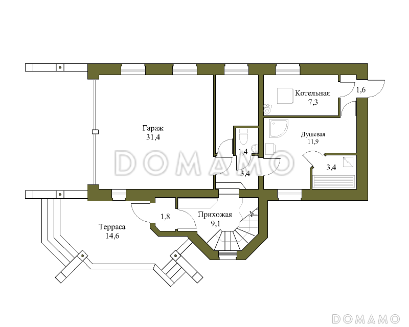 Проект большого коттеджа с башенкой, зимним садом и гаражом / План 1 этажа