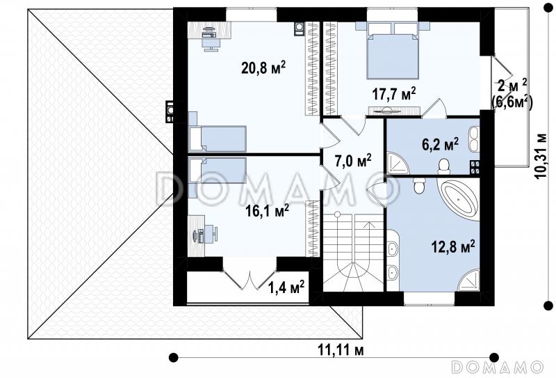 Проект двухэтажного дома из кирпича с тремя спальнями, кабинетом, гаражом и балконом / План 2 этажа