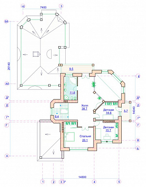 Проект коттеджа с двусветной гостиной, отдельным бассейном и гаражом / План 2 этажа Проект коттеджа с двусветной гостиной, отдельным бассейном и гаражом / План 2 этажа