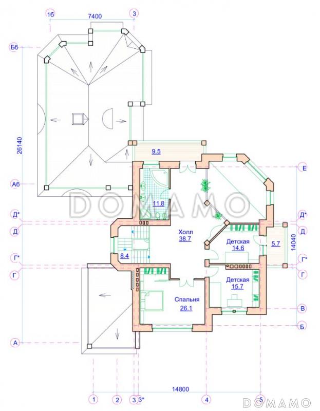 Проект коттеджа с двусветной гостиной, отдельным бассейном и гаражом / План 2 этажа