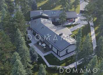 Проект дома сложной формы с 3 спальнями, спа-зоной, навесом для 2 машин и террасами