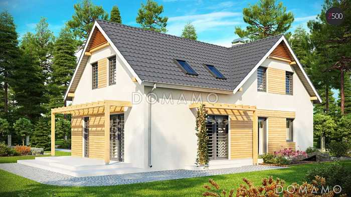 Проект одноэтажного дома из кирпича с угловой мансардой и встроенным гаражом