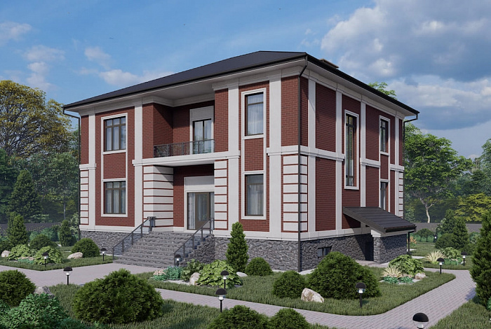 Проект трехуровневого дома с 3 спальнями, балконом и большим подвалом