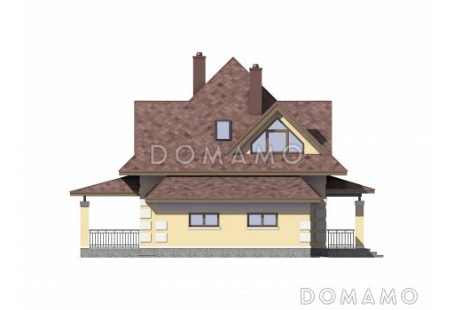 Проект одноэтажного дома из газобетона с мансардой, эркером, гаражом и шатровой ломанной крышей / Фасад 3