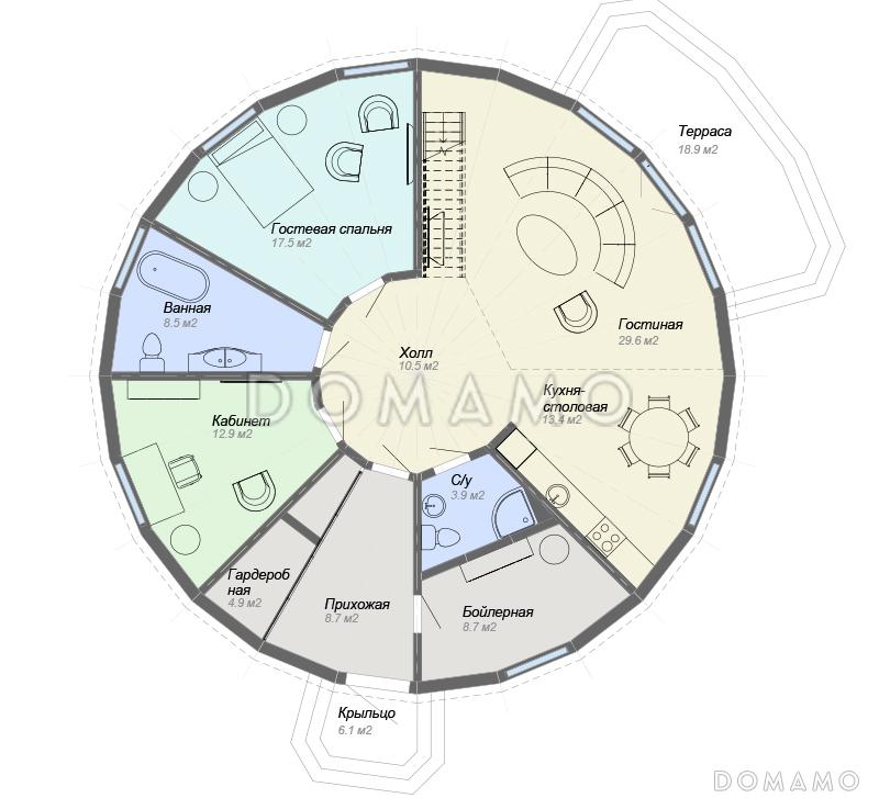 Проект сферического дома с большой гостиной с панорамным остеклением / План 1 этажа