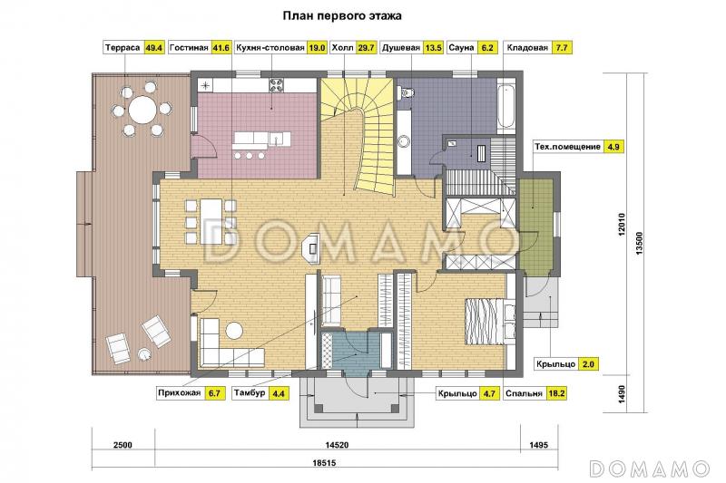 Проект кирпичного дома с 4 спальнями / План 1 этажа