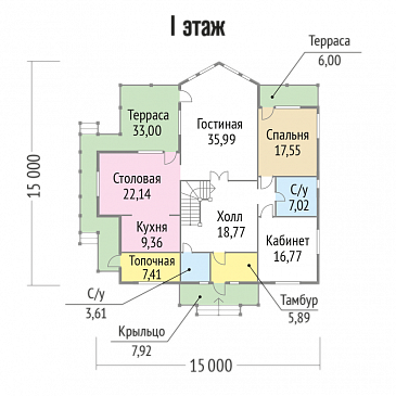 Проект дома с мансардными окнами / План 1 этажа Проект дома с мансардными окнами / План 1 этажа