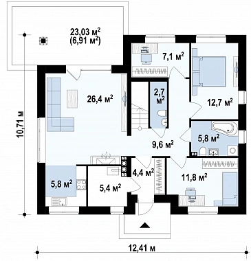 Проект одноэтажного дома из газобетона с тремя спальнями и небольшой крытой угловой террасой, с жилой мансардой / План 1 этажа