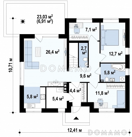 Проект одноэтажного дома из газобетона с тремя спальнями и небольшой крытой угловой террасой, с жилой мансардой / План 1 этажа