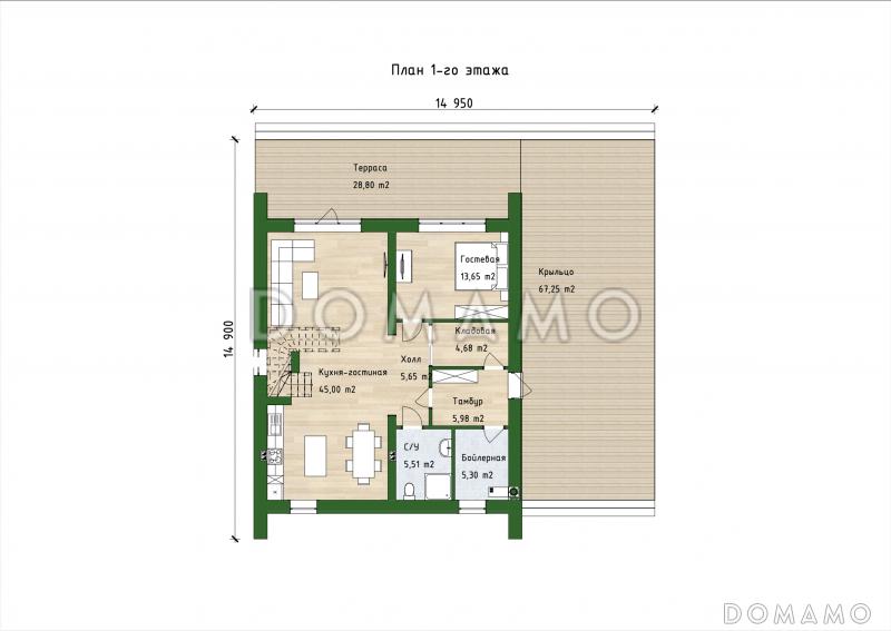 Проект двухэтажного дома в стиле барнхаус с 3 спальнями, большой гостиной и вторым светом / План 1 этажа