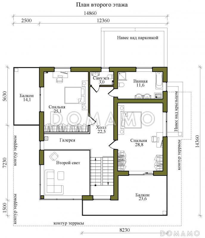 Проект двухэтажного каркасного дома в стиле хай-тек с масштабным остеклением, вторым светом и спортзалом / План 2 этажа