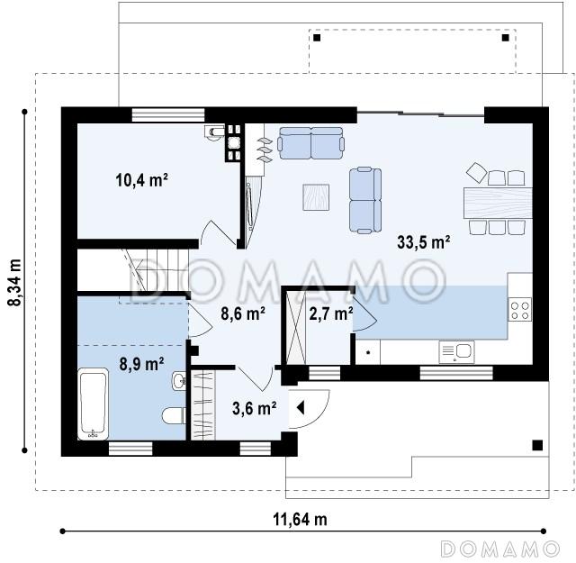 Проект одноэтажного мансардного дома из кирпича с большим техническим помещением и тремя спальнями / План 1 этажа