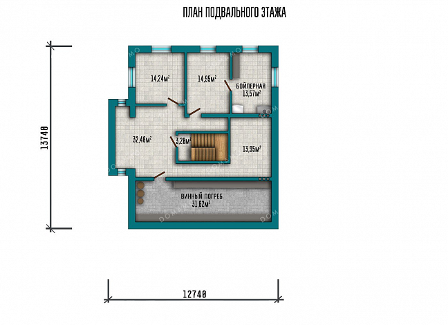 Проект двухэтажного дома с подвалом и гаражом на два автомобиля / План цокольного этажа