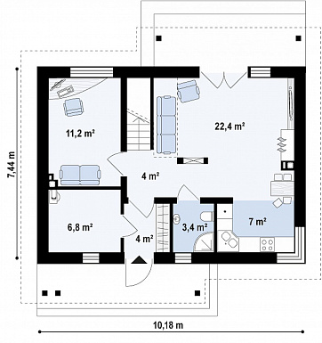 Проект компактного одноэтажного мансардного дома из газобетона с кабинетом и тремя спальнями и большой котельной / План 1 этажа