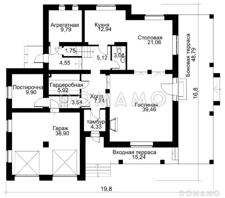 Проект коттеджа с гаражом на две машины / План 1 этажа
