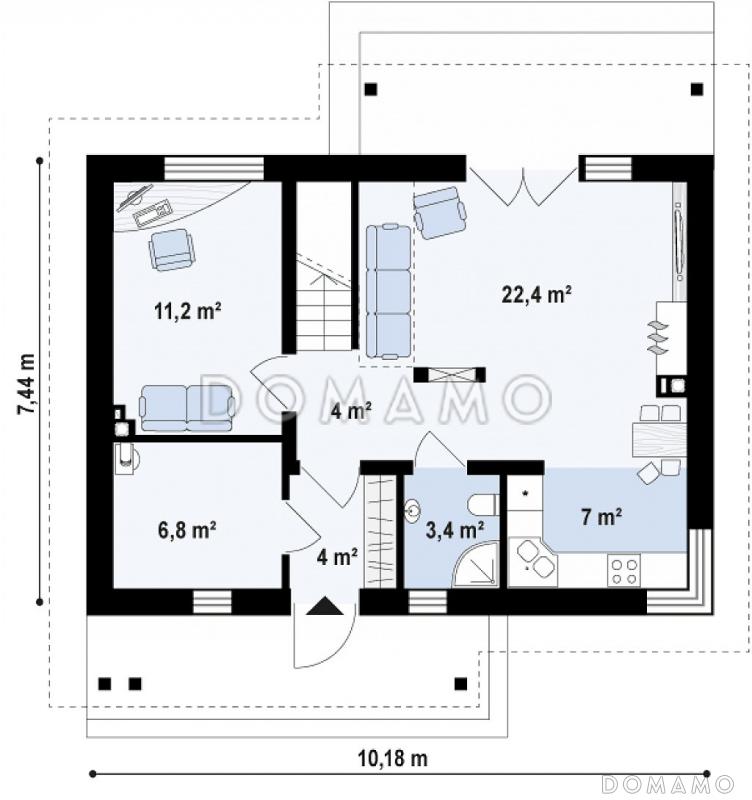 Проект компактного одноэтажного мансардного дома из газобетона с кабинетом и тремя спальнями и большой котельной / План 1 этажа