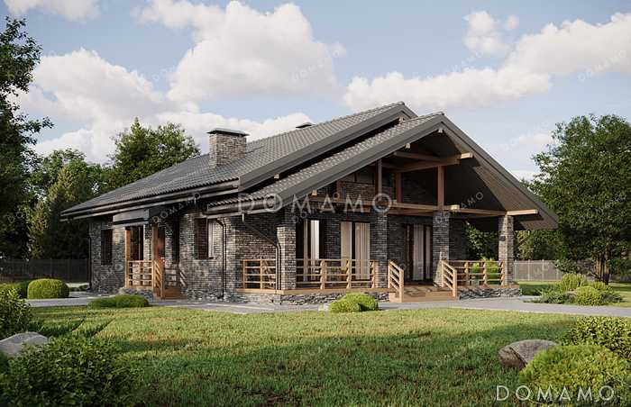 Проект выразительного одноэтажного дома с двухскатной крышей в разных уровнях, большой террасой и вторым светом Проект выразительного одноэтажного дома с двухскатной крышей в разных уровнях, большой террасой и вторым светом