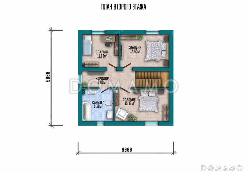 Проект двухэтажного дома с большой гостиной и столовой / План 2 этажа