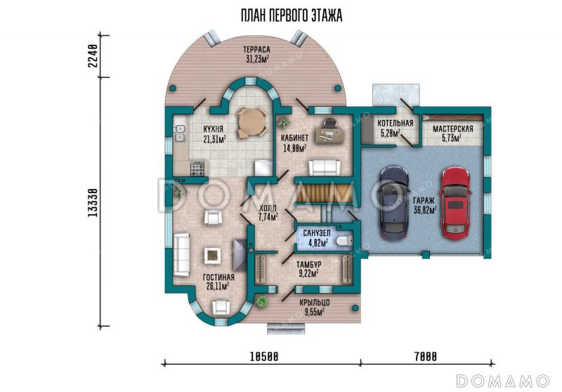 Проект дома-замка с гаражом на два автомобиля, башенкой и полукруглой террасой / План 1 этажа