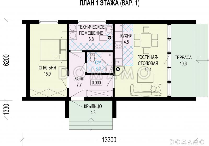 Проект каркасного дома в стиле барнхаус с одной спальней и кухней-гостиной / План 1 этажа
