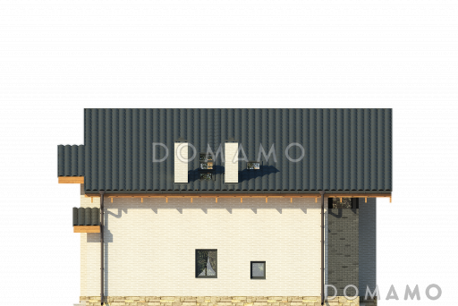 Проект загородного дома из SIP панелей с косой крышей, открытой террасой, двумя балконами, панорамными окнами / Фасад 1